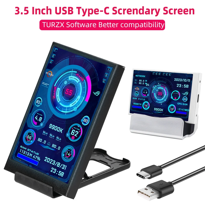 3.5 Inch Type-C Secondary Screen for Computer CPU RAM GPU HDD Monitor 320*480 IPS LCD ISB Display TURZX Software NO AIDA64