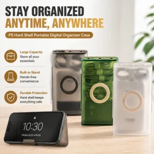 PS Hard Shell Portable Digital Organizer Case with Phone Stand, Large Capacity Cable Organizer for Charger Earphone Power Bank