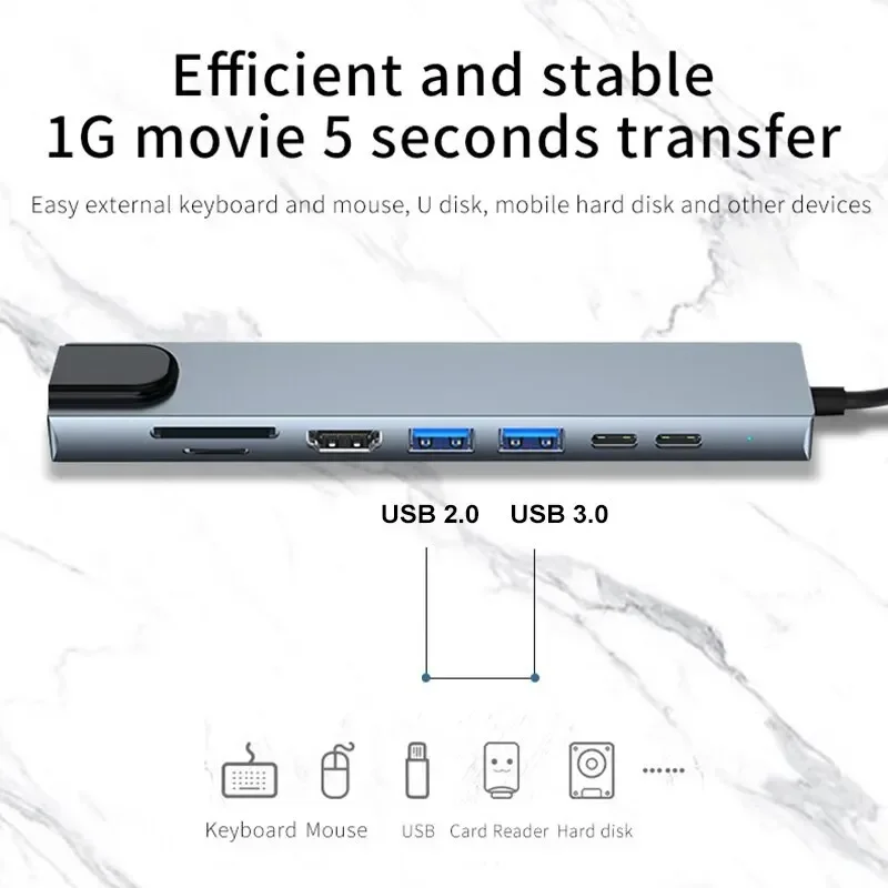Fast Charge for MacBook Laptop USB 8-in-1 Type-C Hub Adapter with SD/TF Card Reader RJ45 PD - Image 5
